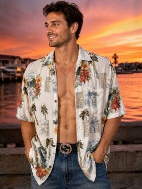 Hawaiian Shirt Men's L Floral Short Sleeve Hibiscus Collection Hawaii Rayon #C